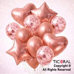 SET DE GLOBOS METALIZADOS ESTRELLA CORAZON CONFETI Y LATEX ROSA GOLD x 14 UNIDADES